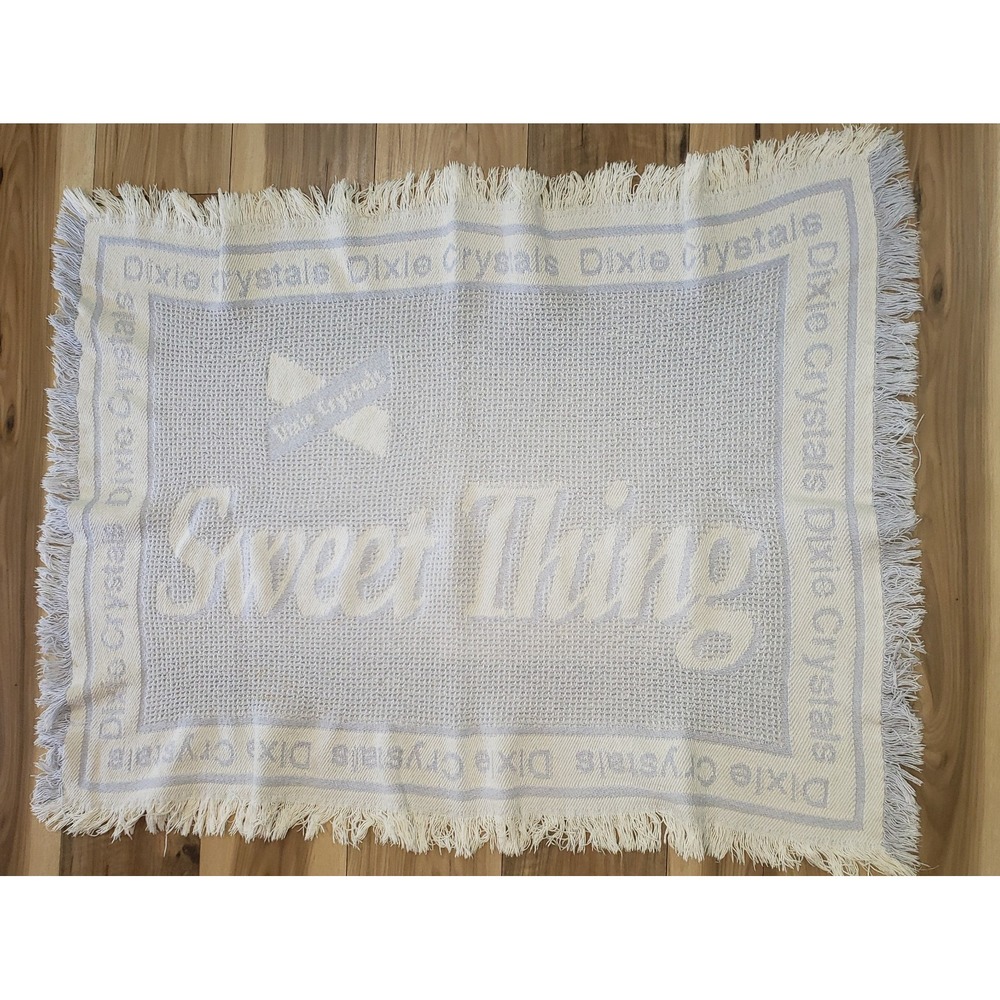 Vintage Dixie Crystals Sweet Thing Lap Blanket Fringed Blue White Throw 42 x 31